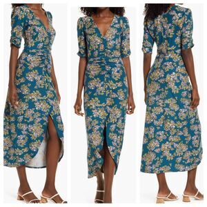 Charles Henry Teal Floral Ruched V-Neck Midi Dress